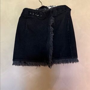 Vintage Guess Black Denim Wrap Mini Skirt with Fringe Hem with Belt size 31